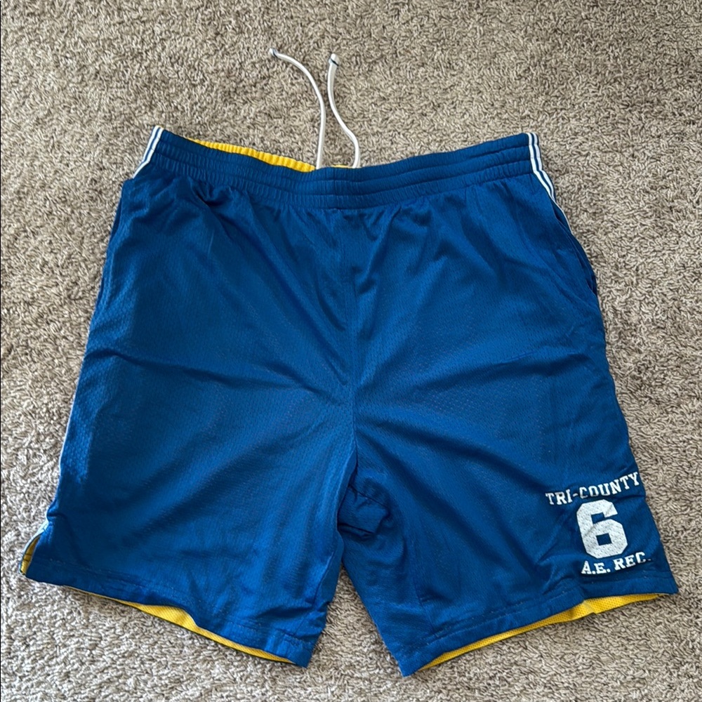 American Eagle Blue Athletic Men's Shorts with Yellow Trim - Tri-County 6
